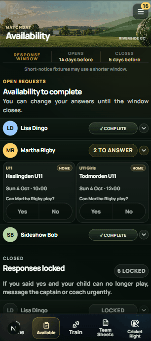 Parent availability on mobile — open requests with Yes and No replies for each child