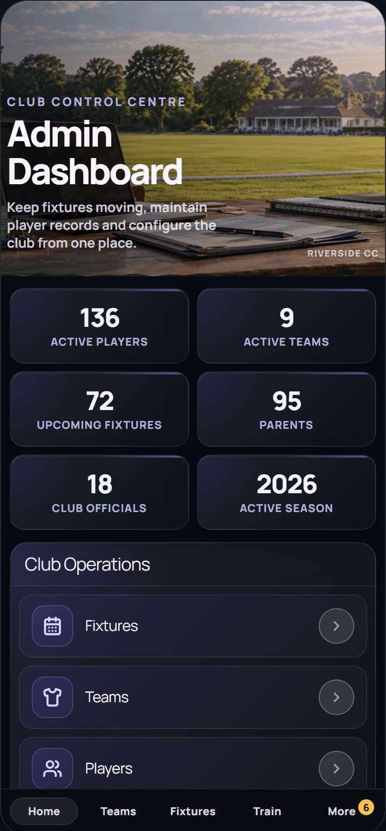 Admin dashboard — club stats, fixtures, teams and player operations