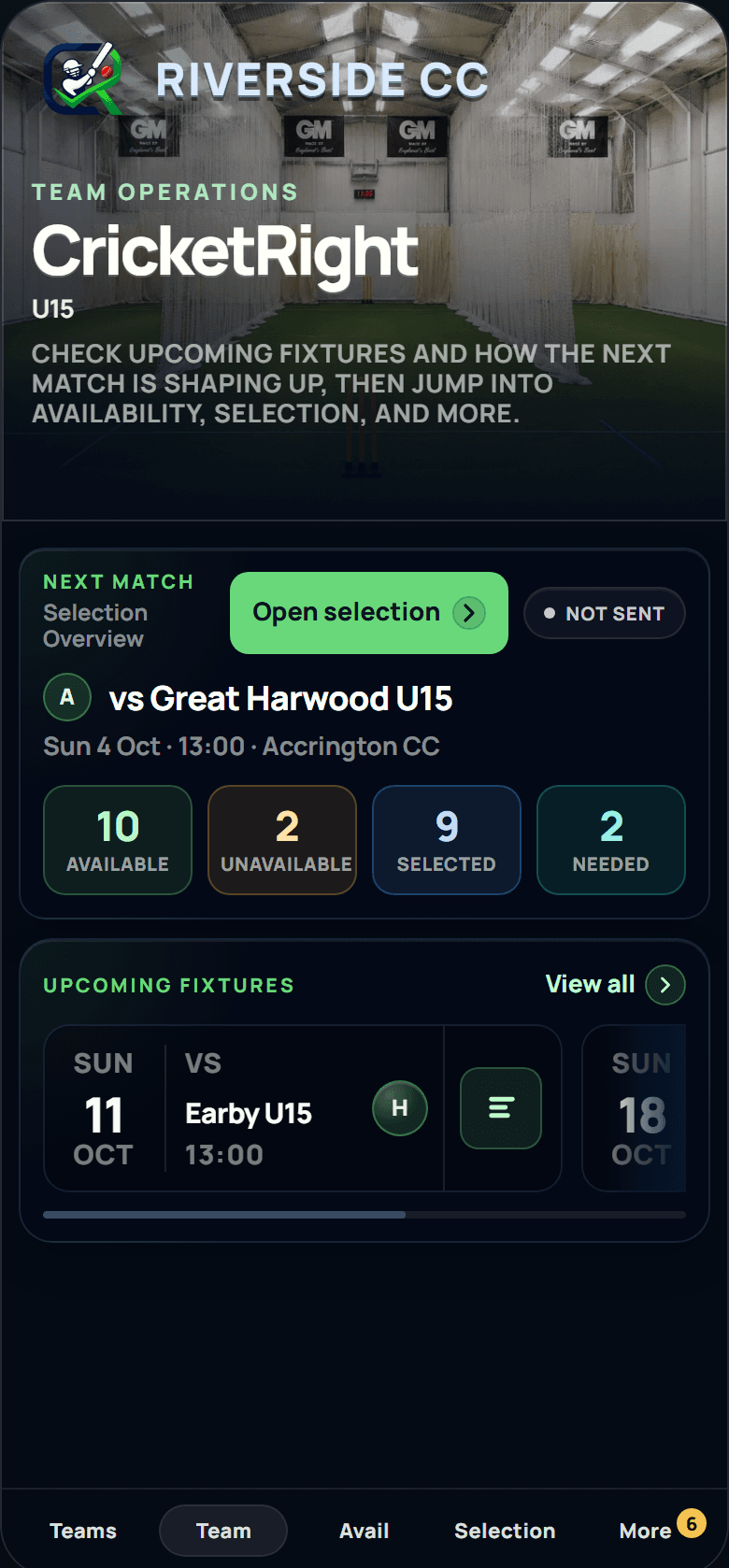 Coach team hub — next fixtures, availability progress, selection status and needed places
