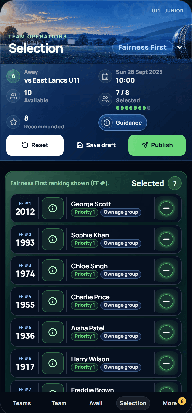 Mobile CricketRight selection — Fairness First recommendation, team sheet actions and selected players
